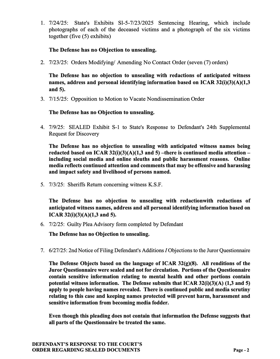 rise4thespiral's tweet photo. 🪡🧵 Responses to Court's Order Regarding Sealed Documents Pt 1
Defense's Response (1/2)
#idaho4 #kohberger #bryankohberger #adacounty #annetaylor #sealeddocuments #idaho #court https://t.co/rgGGch7El8