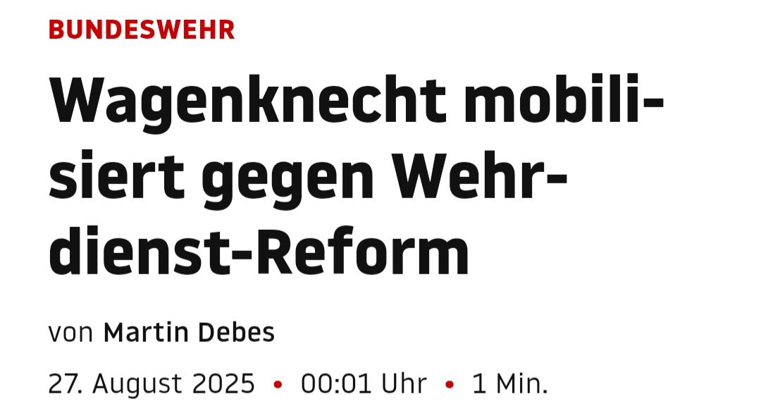 Das #Wehrdienstgesetz ist der rote Teppich für die Rückkehr zur #Wehrpflicht. Es ist der nächste große Schritt in Richtung Militarisierung Deutschlands. Das #BSW wird eine Wehrpflicht entschieden bekämpfen. Das Wehrdienstgesetz ist ein schwerer Fehler und ein Angriff auf die