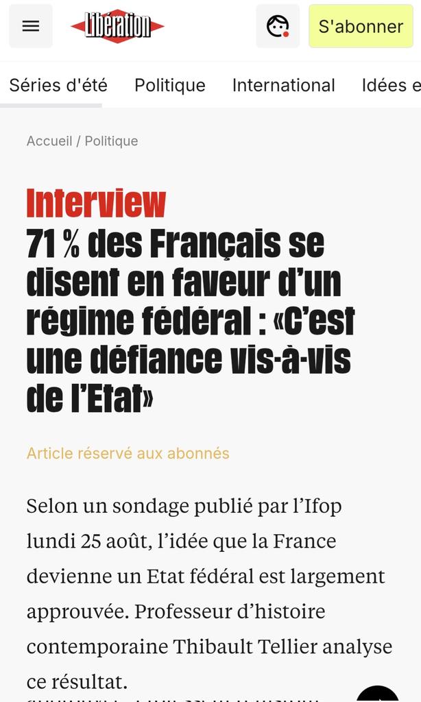 SONDAGE publié par l’IFOP le lundi 25 août, LES FRANÇAIS LARGEMENT FAVORABLES À UN ETAT FÉDÉRAL ! 

Professeur d’histoire contemporaine Thibault Tellier analyse ce résultat.
<a href="/ThibaultTellie5/">Thibault Tellier</a> <a href="/libe/">Libération</a>