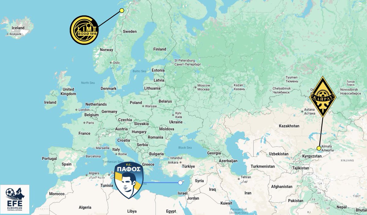 🗺️ Our three Champions League debutants from last night all bring a unique geographical aspect to the competition:

🇳🇴 Bodø/Glimt the northernmost club in UCL history and first inside the Arctic Circle!

🇰🇿 Kairat Almaty the easternmost club in UCL history and on the border with