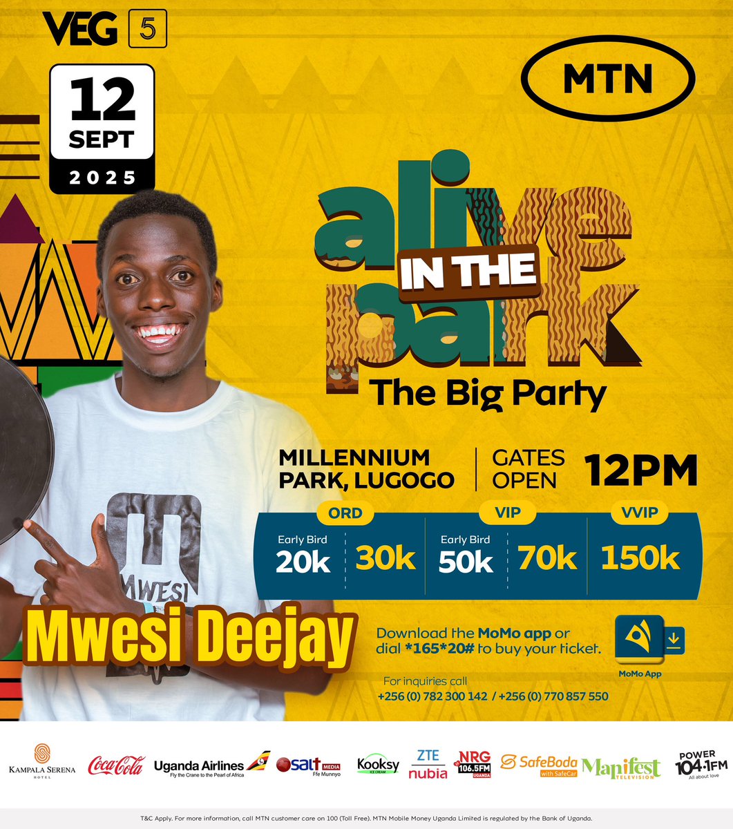 Vine Entertainment Group (@vineentgroup) on Twitter photo Fire gospel beats and unstoppable energy will coming your way at #AliveInThePark courtesy of <a href="/mwesi_deejay/">Mwesi deejay💽</a>! 🔥🙌🏾
Head to <a href="/mtnmomoug/">MoMo from MTN Uganda</a> to secure your earlybird tickets NOW 👉🏾 bit.ly/3H5fX6A
VVIP reservations 👉🏾 0782300142.
#TheBigParty
#VEGat5✨ Fire gospel beats and unstoppable energy will coming your way at #AliveInThePark courtesy of <a href="/mwesi_deejay/">Mwesi deejay💽</a>! 🔥🙌🏾
Head to <a href="/mtnmomoug/">MoMo from MTN Uganda</a> to secure your earlybird tickets NOW 👉🏾 bit.ly/3H5fX6A
VVIP reservations 👉🏾 0782300142.
#TheBigParty
#VEGat5✨