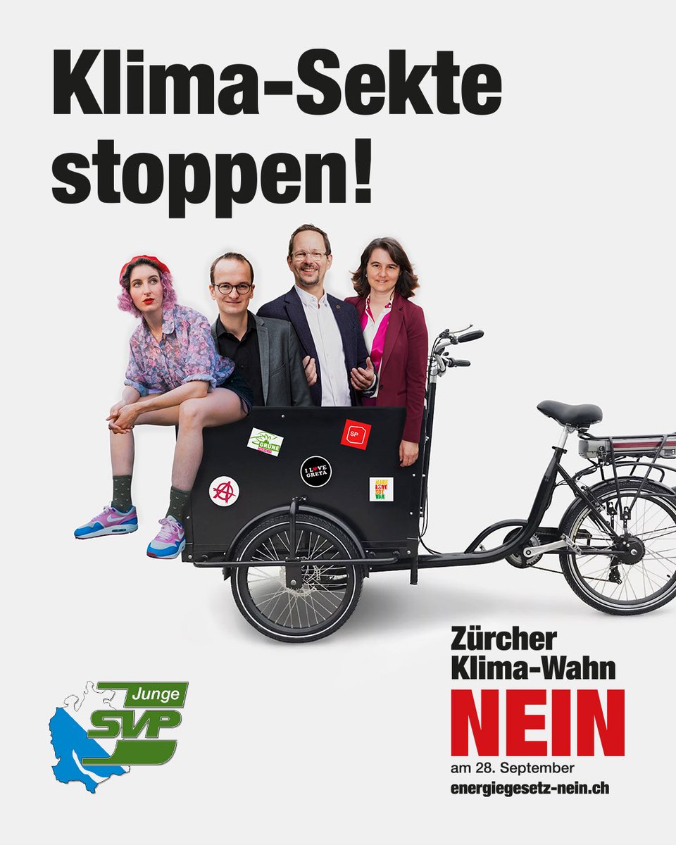 KLIMA-SEKTE STOPPEN!

Die Probleme der Klima-Sekte:
✈️ Familienferien 
🍌 Schoggibananen 
🚗 Dein Auto

Was sie ignorieren:
🏡 Knapper Wohnraum 
📈 Steigende Kriminalität
👥 Zu viel Migration

Stoppe mit uns die Klima-Sekte und sag NEIN am 28. September zum Zürcher Energiegesetz.