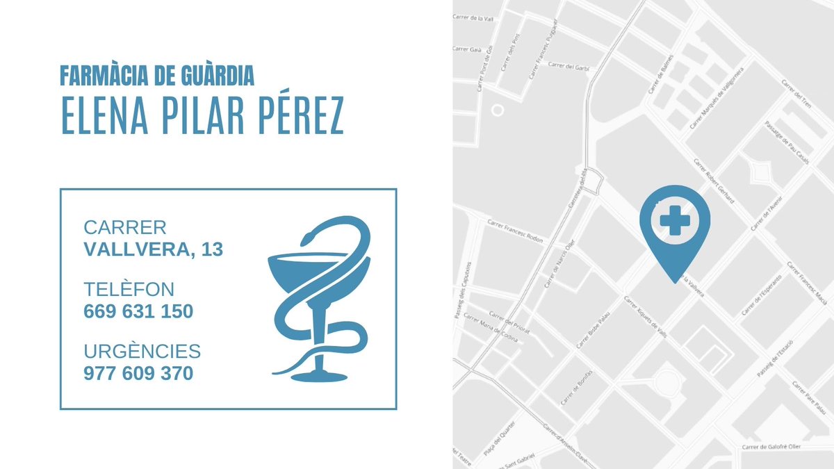 Bon dia, avui a #Valls la farmàcia de guàrdia és Elena Pilar Pérez, al carrer Vallvera, 13.
#FarmàciaGuardiaValls