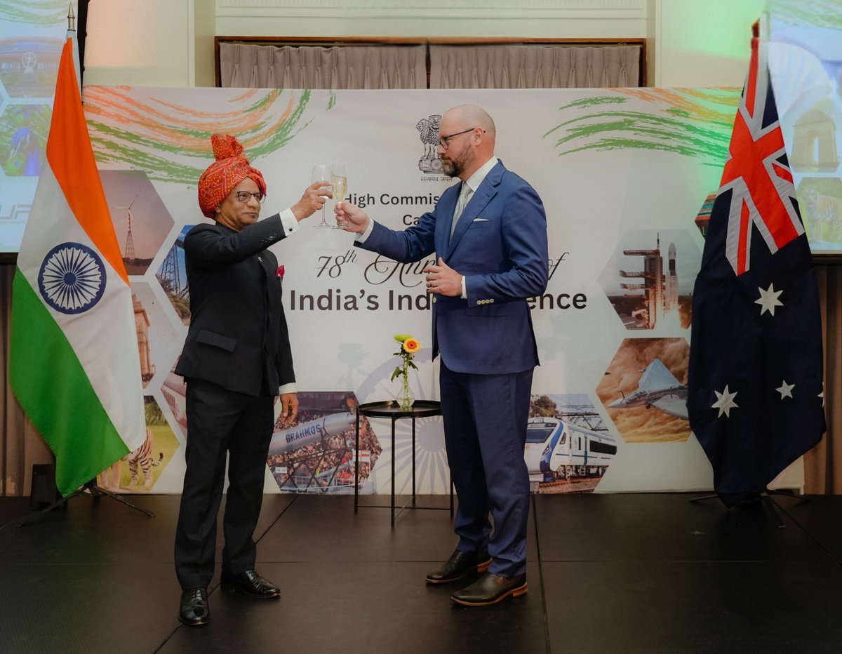 HCICanberra's tweet photo. High Commissioner hosted a reception to mark the 78th Anniversary of India's independence at the Old Parliament in Canberra. Hon Dr Andrew Charlton @Charlton_AB , Cabinet Secretary & Assistant Minister for Science, Technology & the Digital Economy, graced the event as the Chief Guest & highlighted the growing strength of 🇮🇳🇦🇺 ties in innovation, trade & research and appreciated the enduring people-to-people bonds. The event was attended by Attorney General Hon Michelle Rowland @MRowlandMP , Special Envoy for Indian Ocean Affairs Hon Tim Watts @TimwattsMP , Shadow Minister for Energy and Emissions Reduction Hon Dan Tehan @DanTehanWannon , Minister for Business, Arts and Creative Industries of ACT Hon Michael Pettersson @PetterssonMLA. Members from the diplomatic corps, government of 🇦🇺, business & academia, Indian diaspora and friends of 🇮🇳 joined the celebrations.