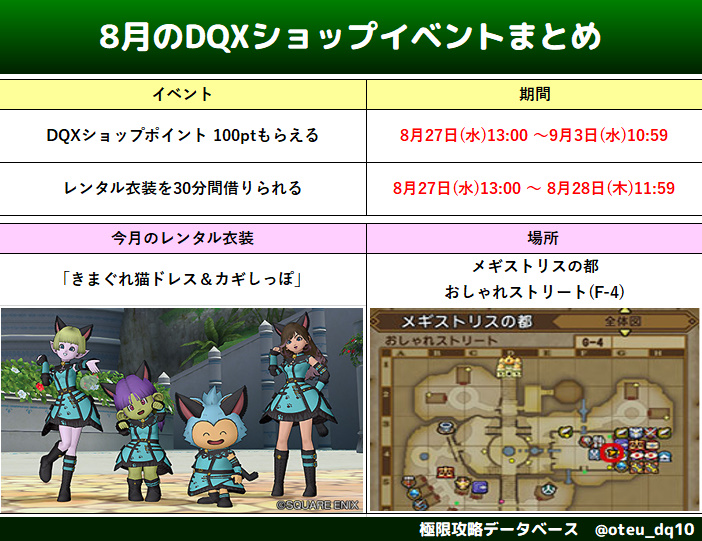 ✨8月のおしゃれストリート情報✨
レンタル衣装は期間が短いので注意！！

・DQXショップポイント100Pt配布
・レンタル衣装「きまぐれ猫ドレス」

🎁メギストリスの都・F-4（おしゃれストリート）で開催！

#DQ10 #DQX #ドラクエ10