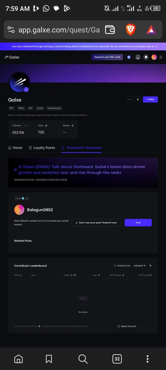 Kudex_1's tweet image. Turn your time into tokens with @Galxe 🌟  

From AI to DeFi, Galxe Starboard connects you to the hottest campaigns in Web3.  
Engage, earn points, and unlock airdrops or future token allocations.  

No experience needed—just your curiosity. #Galxe #CryptoRewards #Web3Ecosystem