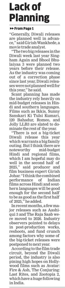 Rajesh_NB_Naidu's tweet image. Hi friends,

My story about the lack of big-ticket releases in the Diwali week in 2025. Historically, big-ticket releases contribute 10-25% to total annual Hindi collection 

Link to the article:

m.economictimes.com/industry/media…