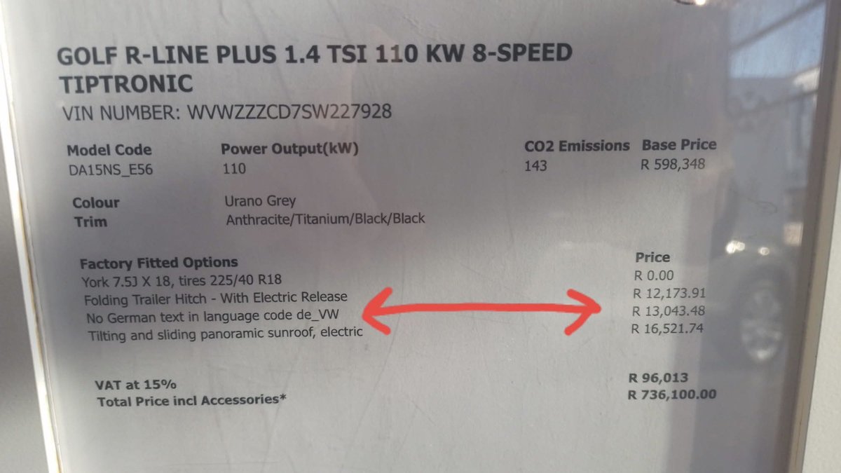 VIEW4YOU (@view4you_sa) on Twitter photo Mzansi please help us here !!
<a href="/VolkswagenSA/">VolkswagenSA</a> Care to educate us on this ?
You must PAY R13 043.48 in SA - South Africa if you dont want GERMAN TEXT in your GERMAN car that you are buying in SA 🤷🏾♂️
view4you.co.za Mzansi please help us here !!
<a href="/VolkswagenSA/">VolkswagenSA</a> Care to educate us on this ?
You must PAY R13 043.48 in SA - South Africa if you dont want GERMAN TEXT in your GERMAN car that you are buying in SA 🤷🏾♂️
view4you.co.za