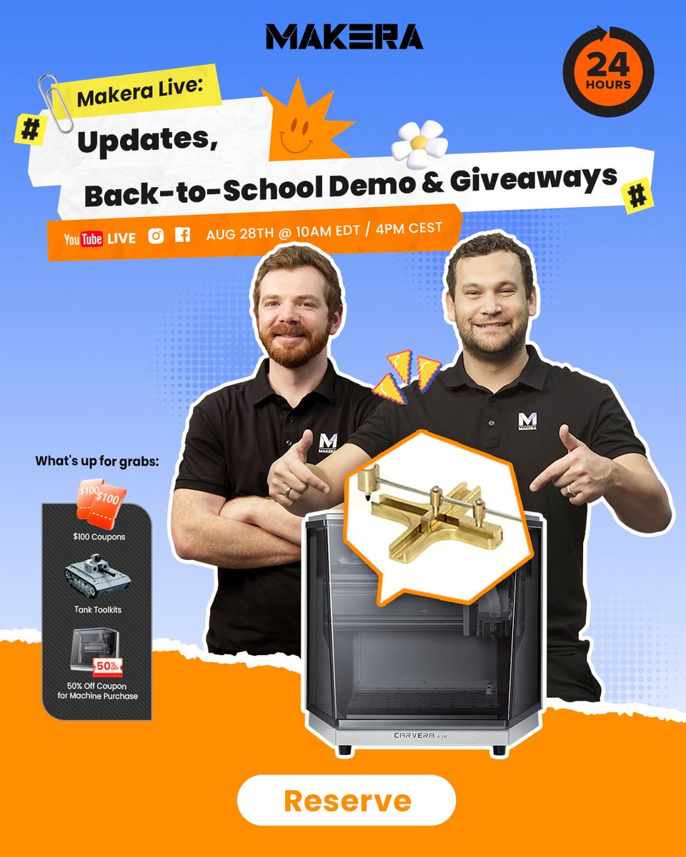 Makera (@makera_inc) on Twitter photo ⏰ 24H Countdown!
 Makera Live is TOMORROW 🚀
Updates | 🎓 Back-to-School Demo | 🎁 Giveaways
🕙 Aug 28 – 10AM EDT | 4PM Berlin | 10PM Beijing
📍 Live on YouTube, FB & IG
🎁 Win:
💳 $100 Coupon
🛠 Tank Toolkits
🎉 50% OFF Carvera / Air
👉 Don’t miss it: youtube.com/live/CVBCQ_jCR… ⏰ 24H Countdown!
 Makera Live is TOMORROW 🚀
Updates | 🎓 Back-to-School Demo | 🎁 Giveaways
🕙 Aug 28 – 10AM EDT | 4PM Berlin | 10PM Beijing
📍 Live on YouTube, FB & IG
🎁 Win:
💳 $100 Coupon
🛠 Tank Toolkits
🎉 50% OFF Carvera / Air
👉 Don’t miss it: youtube.com/live/CVBCQ_jCR…