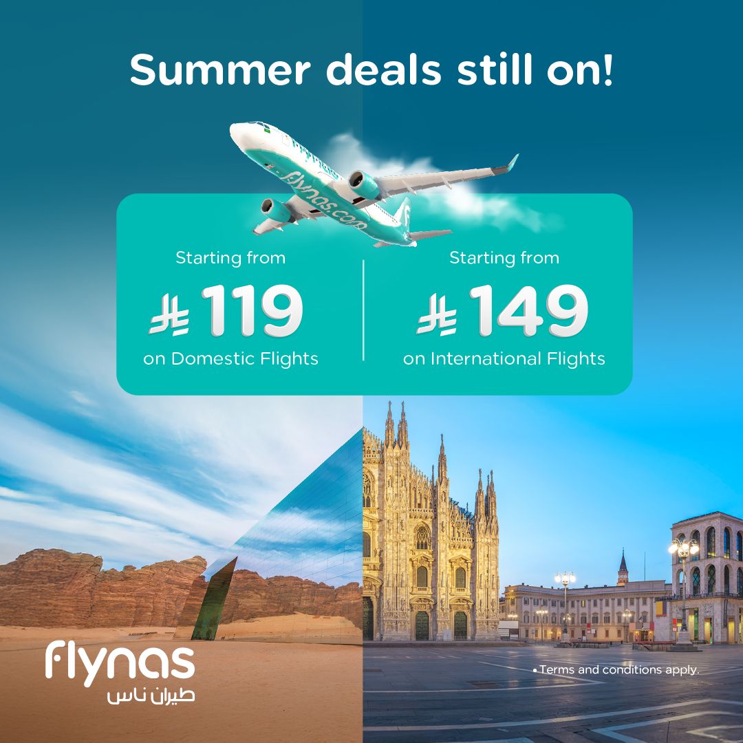 Don’t miss out — summer is still on! ☀️
✈️ Domestic flights from 119 SAR | 🌍 International from 149 SAR
📅 Travel period: September – October 2025

🧳 Book now and enjoy an unforgettable trip! 😍

flynas.com/en/flights-fly…