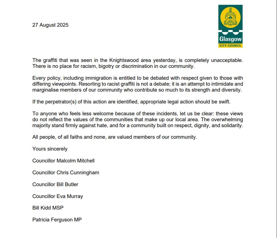 A statement on yesterday's unacceptable graffiti in Knightswood.