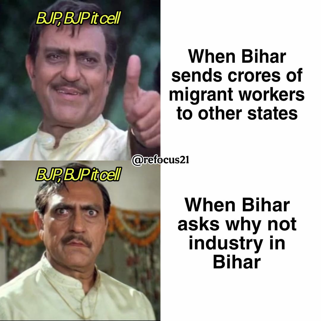 देव 🔆 (@refocus21) on Twitter photo BJP IT Cell 
>When Bihar is labour supplier = no issue.
>When Bihar demands industry = triggered.
Why this double standard with Bihar ? BJP IT Cell 
>When Bihar is labour supplier = no issue.
>When Bihar demands industry = triggered.
Why this double standard with Bihar ?