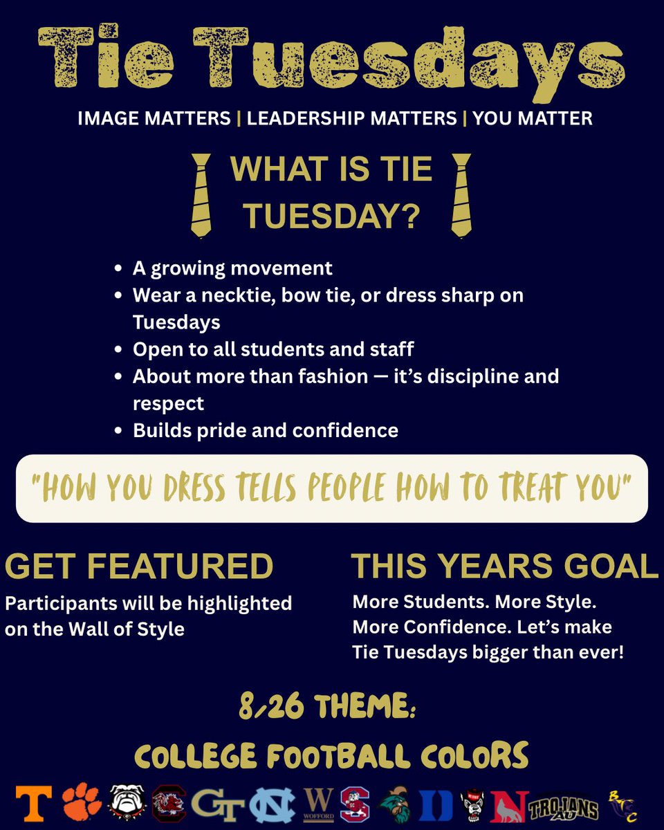 Great turnout yesterday for our first official ‘Tie Tuesday’. Saw around 20 students/staff in shirts and ties! Much appreciation to our admin team and my fellow teachers for supporting the movement 👔