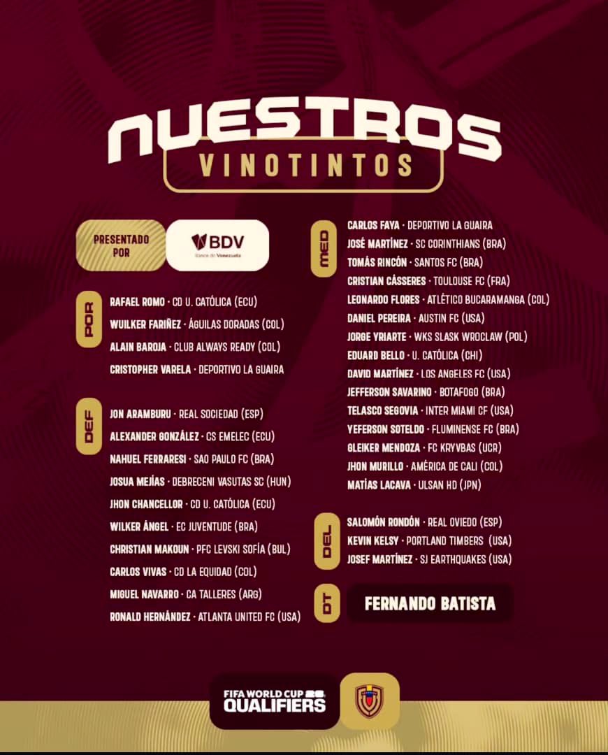 🔥🔥ATENCIÓN🔥🔥
Convocatoria Nacional de Venezuela, el <a href="/bochabatista/">Fernando Batista</a> selecciona a 32 jugadores que tendrán la inmensa responsabilidad de acercar a Venezuela al Mundial de Fútbol USA 2026.  
<a href="/FVF_Oficial/">FVF</a>