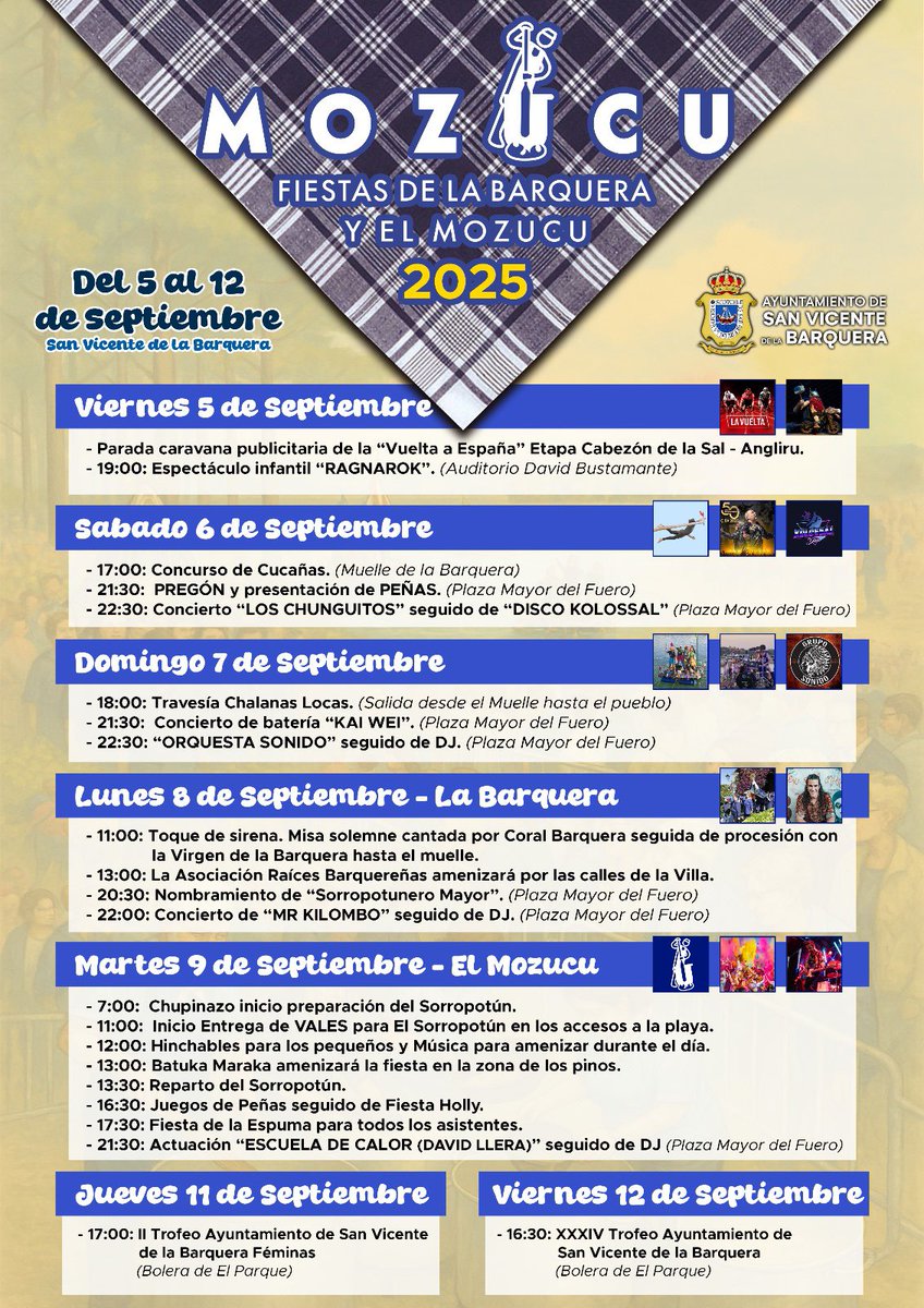 🗓️ ¡FIESTAS DE LA BARQUERA Y EL MOZUCU 2025! 💙⛵

🥄🔥 ¡Esta es la programación para las fiestas de La Barquera y el Mozucu 2025! 

🫶🏼 Te esperamos del 5 al 12 de septiembre en #SanVicentedelaBarquera