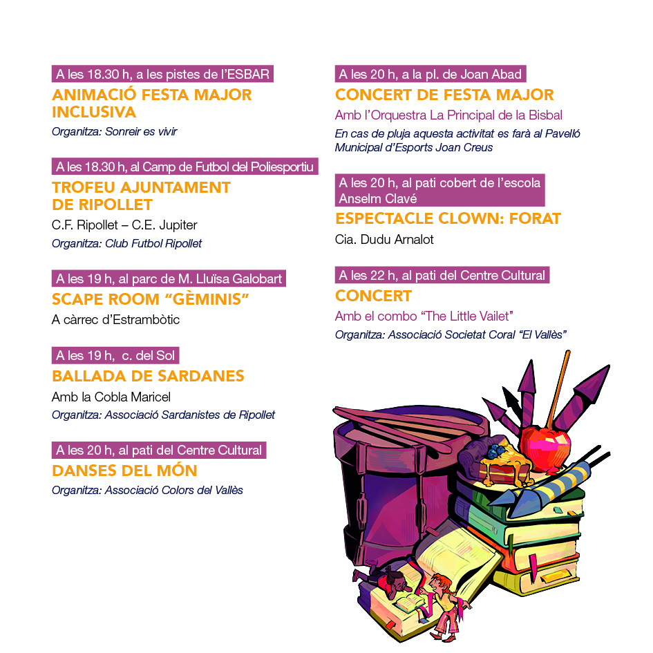 Bon dia! Comença diumenge de la Festa Major, el dia en el que la cultura popular és una de les grans protagonistes, amb gegants, bestiari festiu popular, trepitjada de raïm o sardanes. Però també trobareu activitats familiars, com la 46a Cursa Popular i la Cercavila de colors.