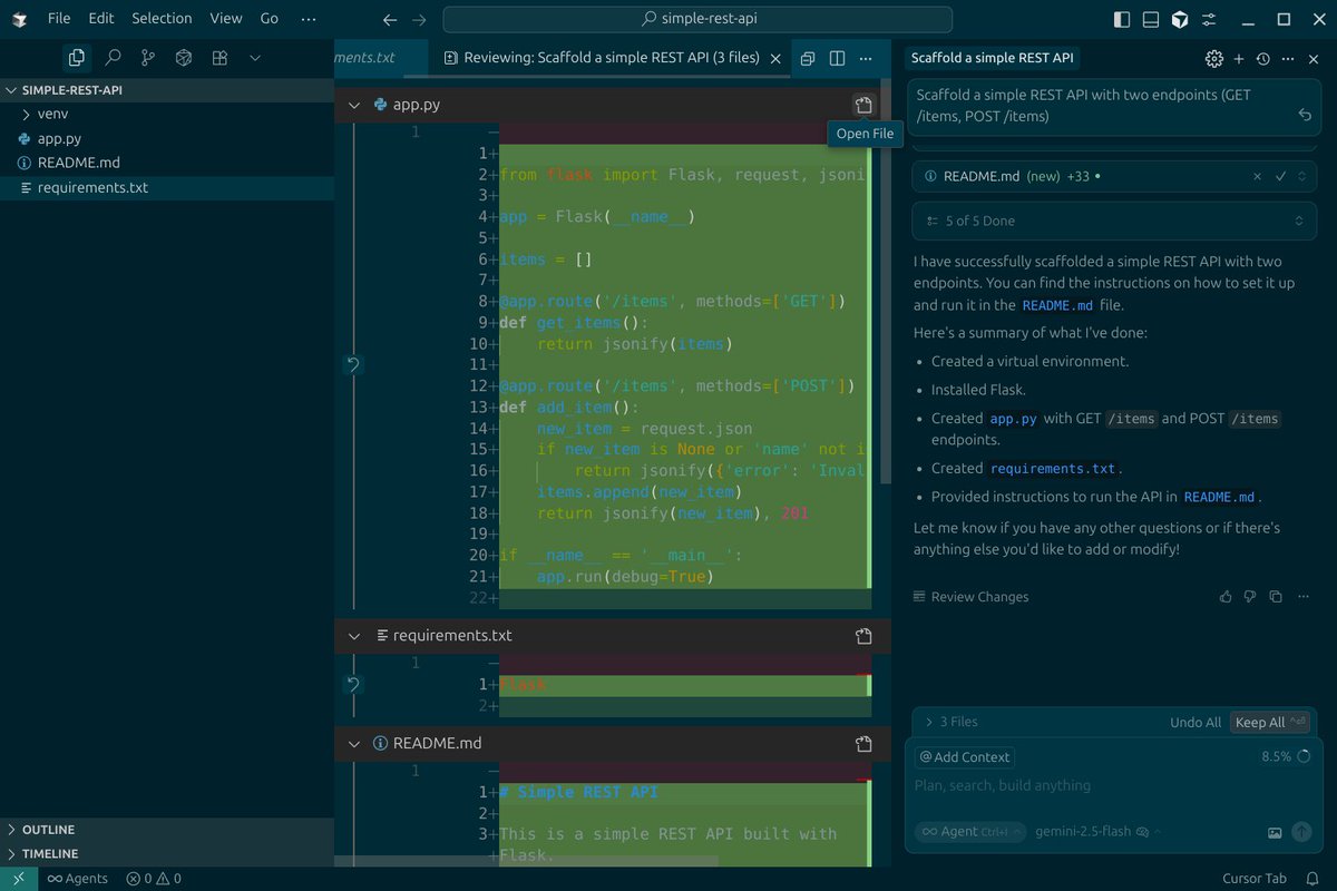 Exploring AI-Native IDEs
I used Cursor editor to scaffold a simple REST API with two endpoints (GET /items, POST /items).

#ALX_AIDEV #alx_africa