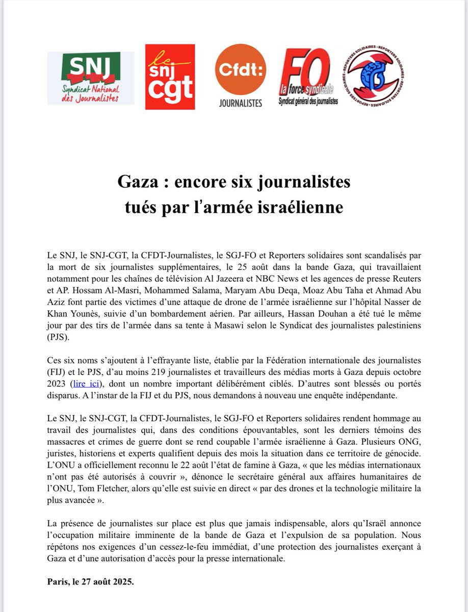 Elodie Safaris (@avriogata) on Twitter photo "Nous répétons nos exigences d’un cessez-le-feu immédiat, d’une protection des journalistes exerçant à Gaza et d’une autorisation d’accès pour la presse internationale"
Communiqué <a href="/SNJ_national/">SNJ - premier syndicat de journalistes</a> <a href="/SnjCgt/">SNJ-CGT (rejoignez-nous !)</a> <a href="/ReporterSol/">Reporters solidaires</a> <a href="/FOjournalistes/">SGJ-FO Journalistes</a> <a href="/USJCFDT/">CFDT Journalistes</a> "Nous répétons nos exigences d’un cessez-le-feu immédiat, d’une protection des journalistes exerçant à Gaza et d’une autorisation d’accès pour la presse internationale"
Communiqué <a href="/SNJ_national/">SNJ - premier syndicat de journalistes</a> <a href="/SnjCgt/">SNJ-CGT (rejoignez-nous !)</a> <a href="/ReporterSol/">Reporters solidaires</a> <a href="/FOjournalistes/">SGJ-FO Journalistes</a> <a href="/USJCFDT/">CFDT Journalistes</a>