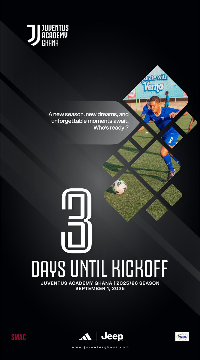JuveAcademyGh's tweet image. 3 days away! 🔥
Ready to train, grow, and play the Juventus way.
#JuveAcademy #BackToTraining