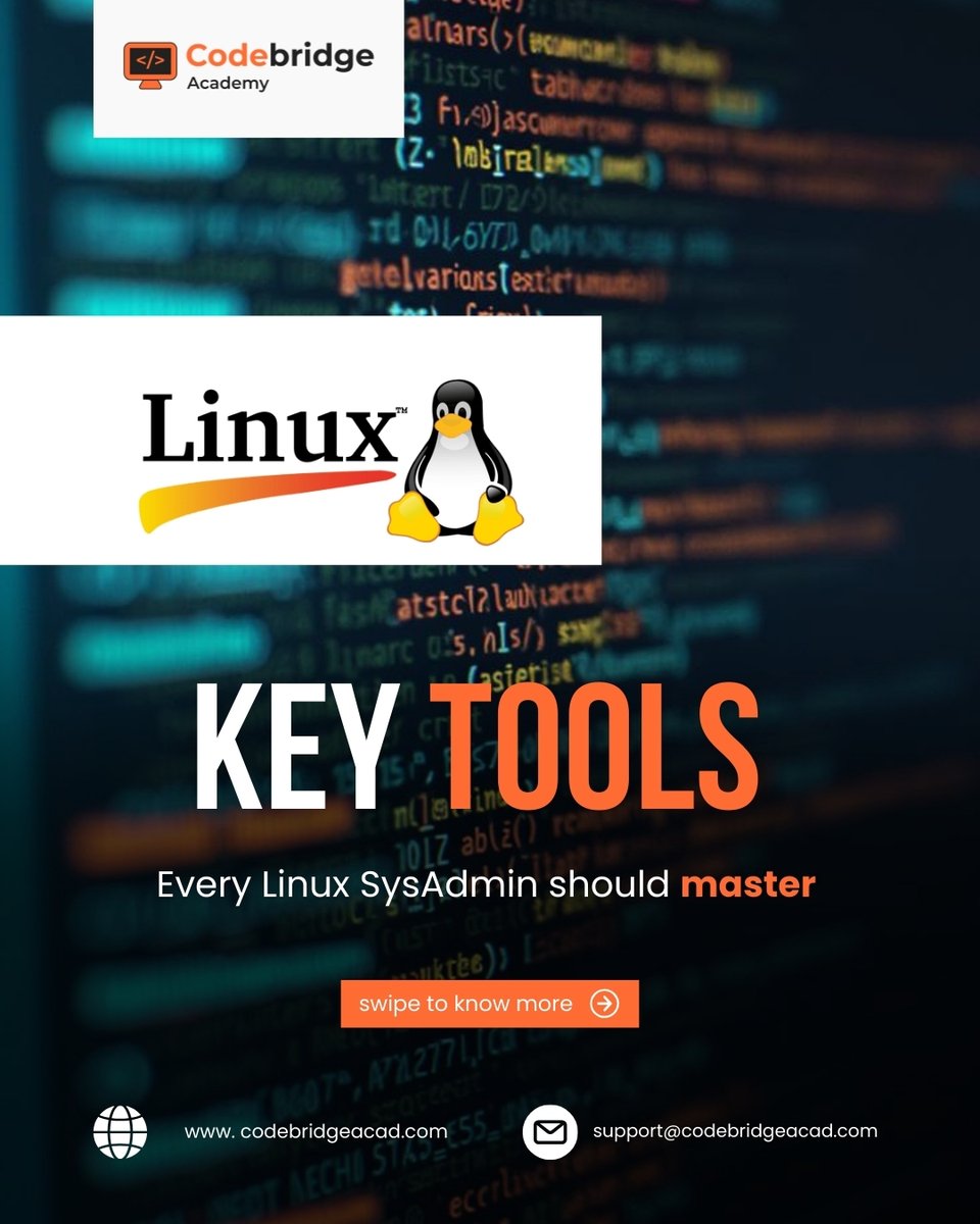 CodeBridgeAca's tweet image. Supercharge your Linux skills! Master the top tools every SysAdmin needs to manage systems, secure networks, and streamline app deployment. Whether you&apos;re monitoring in real-time, securing your network these tools will make you unstoppable. #LinuxTools #SysAdminLife #Codebridge