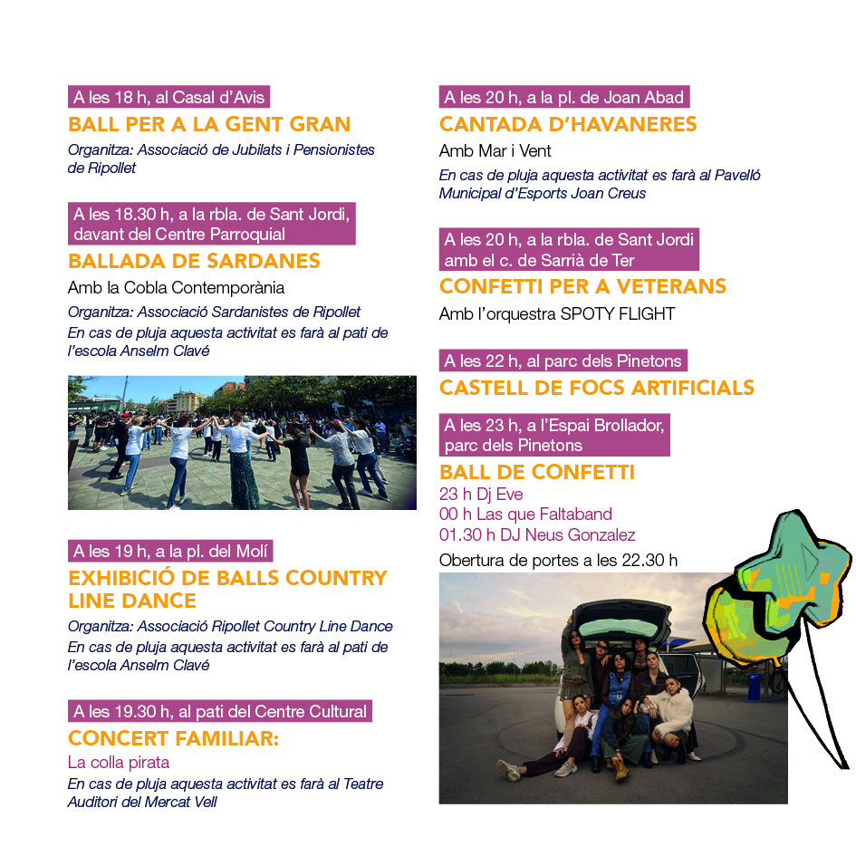 Bon dia! Arribem a la recta final de la Festa Major! Dedicarem bona part del dia al públic infantil i familiar. Així, trobareu l'espai familiar a la plaça de Pere Quart, tallers en família de ciència o de ball de bastons. Durant tot el dia hi haurà simuladors de rallies a la