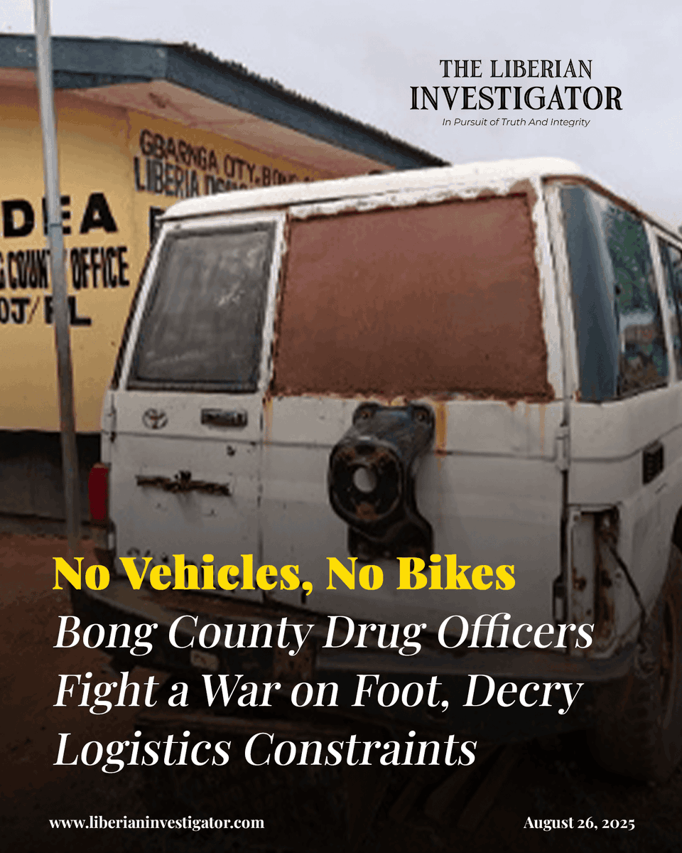 LibInvestigator's tweet photo. In Bong County, LDEA officers are waging Liberia’s “drug war” on foot—without cars, bikes, or logistics. Agents rent motorbikes from locals to raid ghettos, often going into debt just to respond to tip-offs.
#Liberia #DrugCrisis #BongCounty #LDEA
https://t.co/tA0hr2yD1n https://t.co/qCNh6uBV1B