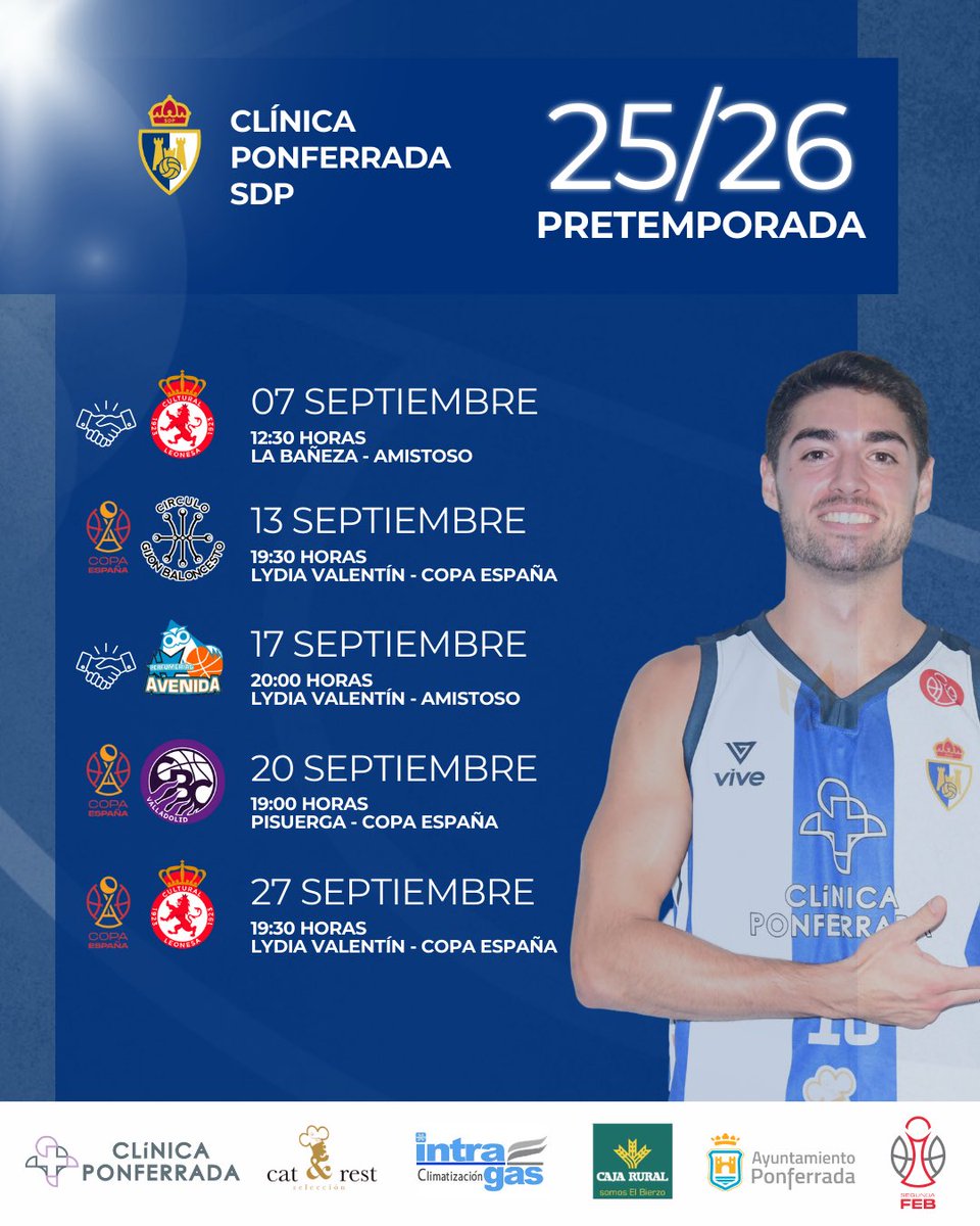 🏀 𝐏𝐫𝐞𝐭𝐞𝐦𝐩𝐨𝐫𝐚𝐝𝐚 𝟐𝟓/𝟐𝟔 🏀

🗓️ Os traemos el calendario con los partidos previos al inicio de la liga.

🤝 2 partidos amistosos
🏆 3 partidos de #CopaEspaña

💙 ¡Con muchas ganas de disfrutar a vuestro lado en el Lydia Valentín!

#AportaTuGranito #SomosSDP