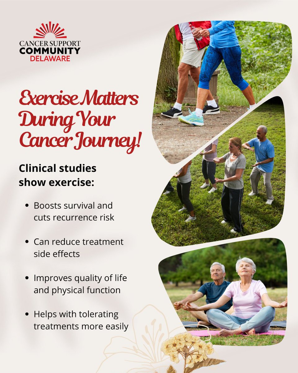 CancerSupportDE's tweet image. CSCDE encourages individuals on a cancer journey and their caregivers to make regular exercise a part of their treatment plan. Explore and register for our Healthy Lifestyle classes here: form.jotform.com/210674530178152
#CSCDE #CancerSupport #CancerAwareness #MentalHealthAwareness…