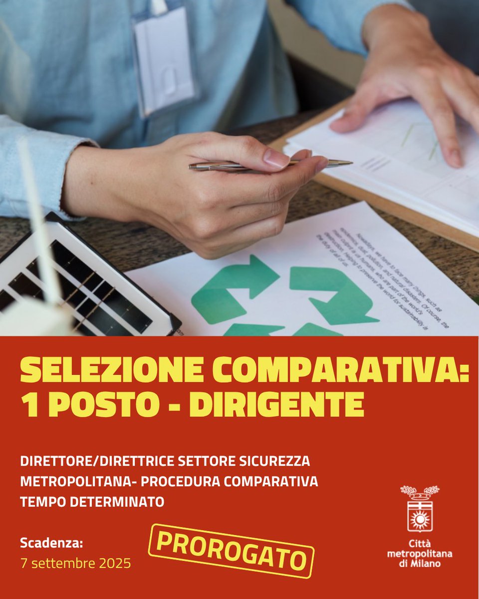 CittaMetroMi's tweet image. 🔔Settore sicurezza metropolitana: selezione aperta per un direttore/direttrice. Scopri l'avviso e la sua integrazione sul sito della #CittàMetropolitanadiMilano 👉ow.ly/bSnp50WxfK3 
⏰Iscriviti entro il 7 settembre  2025 sul portale #INPA 👉ow.ly/roNw50WxfJC