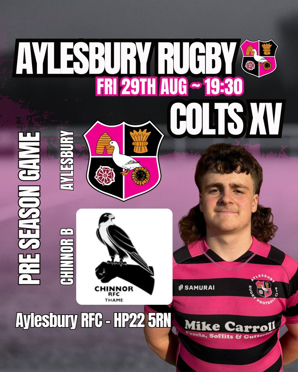 💗🖤 AYLESBURY RUGBY – COLTS FIXTURE UPDATE🖤💗 

Big thanks to Chinnor Colts' B for stepping up! 👏 

📅 Fri, 29th Aug – 7:30pm  
🏉 Aylesbury Colts XV vs Chinnor B XV  

💗🖤 Show your support for the Magenta &amp; Black! 🖤💗 

#AylesburyRugby #MagentaAndBlack #COYAs