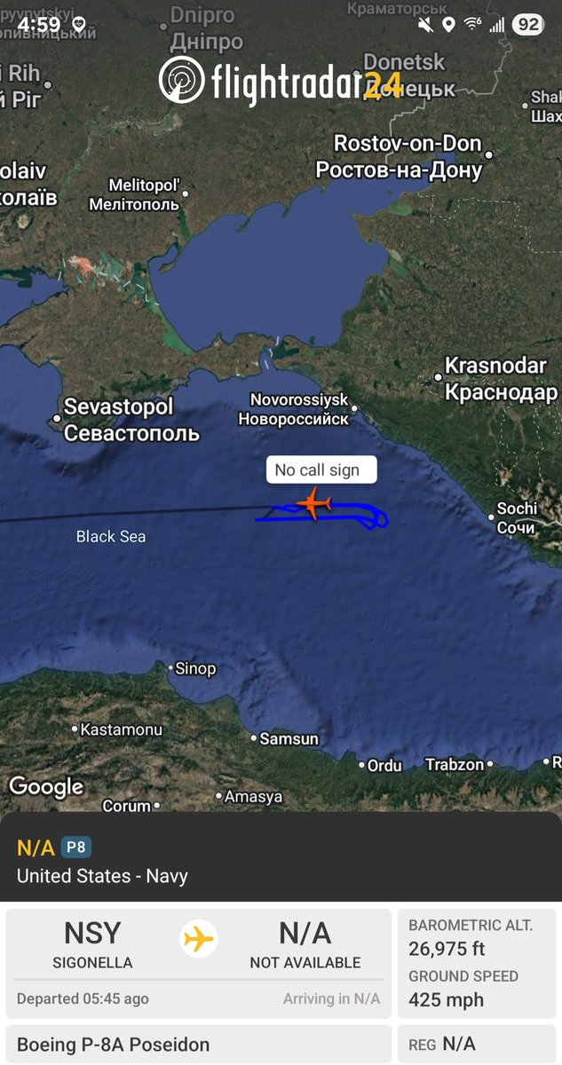 Borrowed7Time's tweet photo. US Navy P-8A Poseidon #AE686F out of NAS Sigonella, operating over the E Black Sea.
@sipjack1776 @LadyAstroJet https://t.co/iOMuVDGLhi