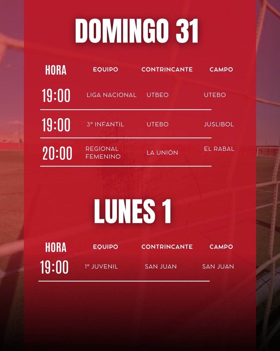 ¡Fin de semana de amistosos en la U.D. Amistad!

Sábado, domingo y lunes nuestros equipos se ponen a prueba con nuevos partidos de preparación 💪

📅 Aquí tienes todos los encuentros previstos para el 30, 31 de agosto y 1 de septiembre.