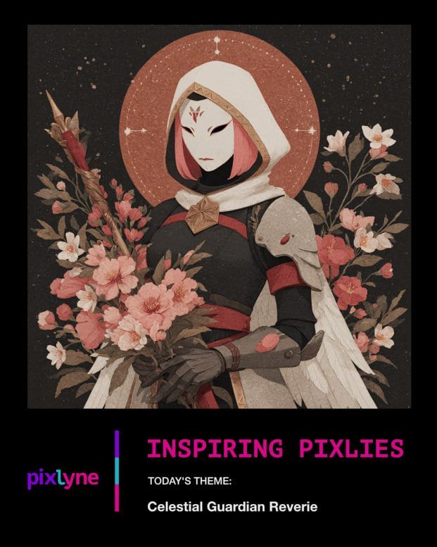 ✨INSPIRING PIXLIE✨
🌙✨🌸Celestial Guardian Reverie🌙✨🌸

She is not armored in steel, but in stillness.
Her mask does not conceal—it sanctifies.
Blossoms rise around her in quiet devotion,
each petal a prayer to the stars.
Her halo is not a crown but a vigil—
a circle of