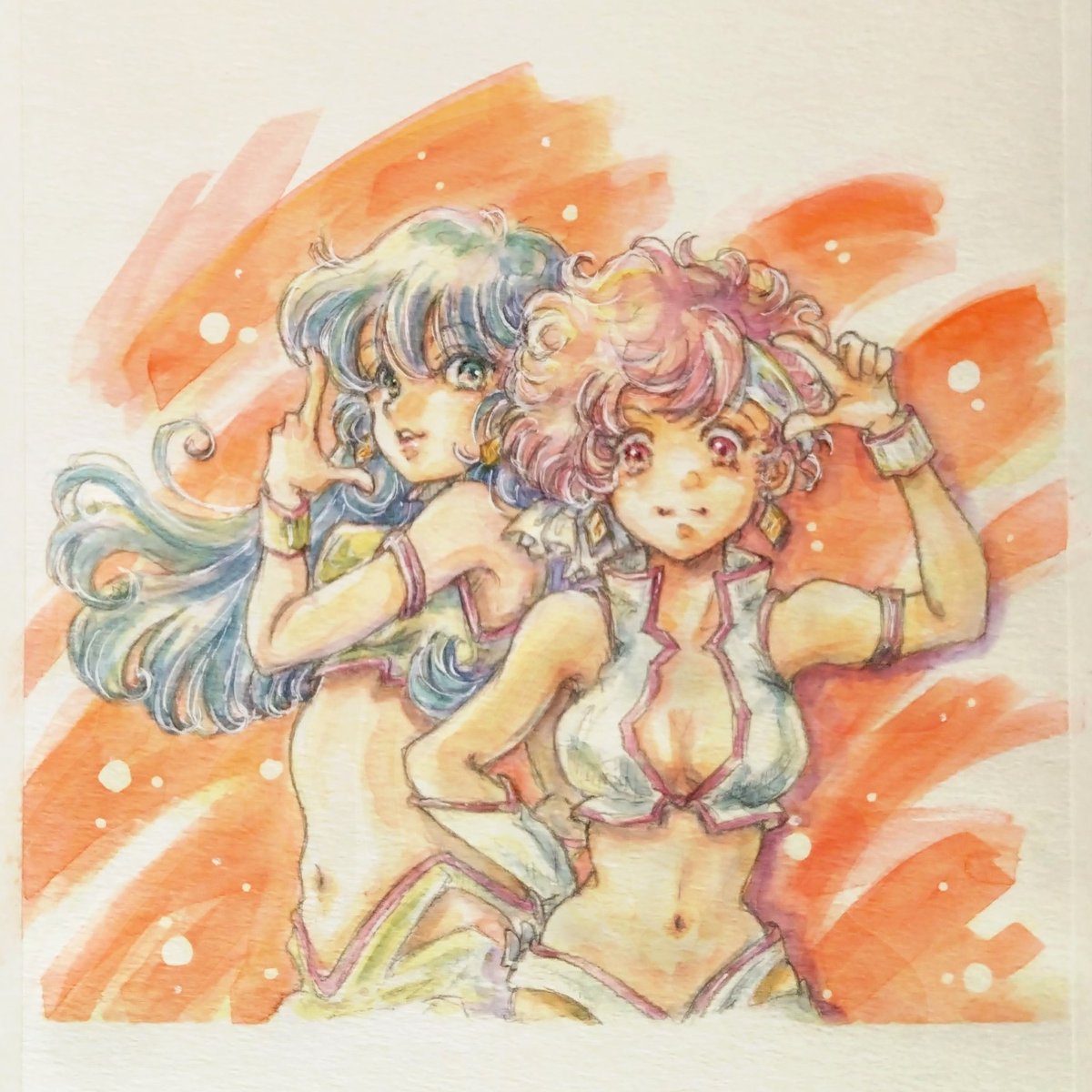 mesomomo's tweet image. ダーティペア40周年らしいです。おめでとう！ってことで描いてみました。そりゃ私も年取るよね・・・。＃アナログイラスト