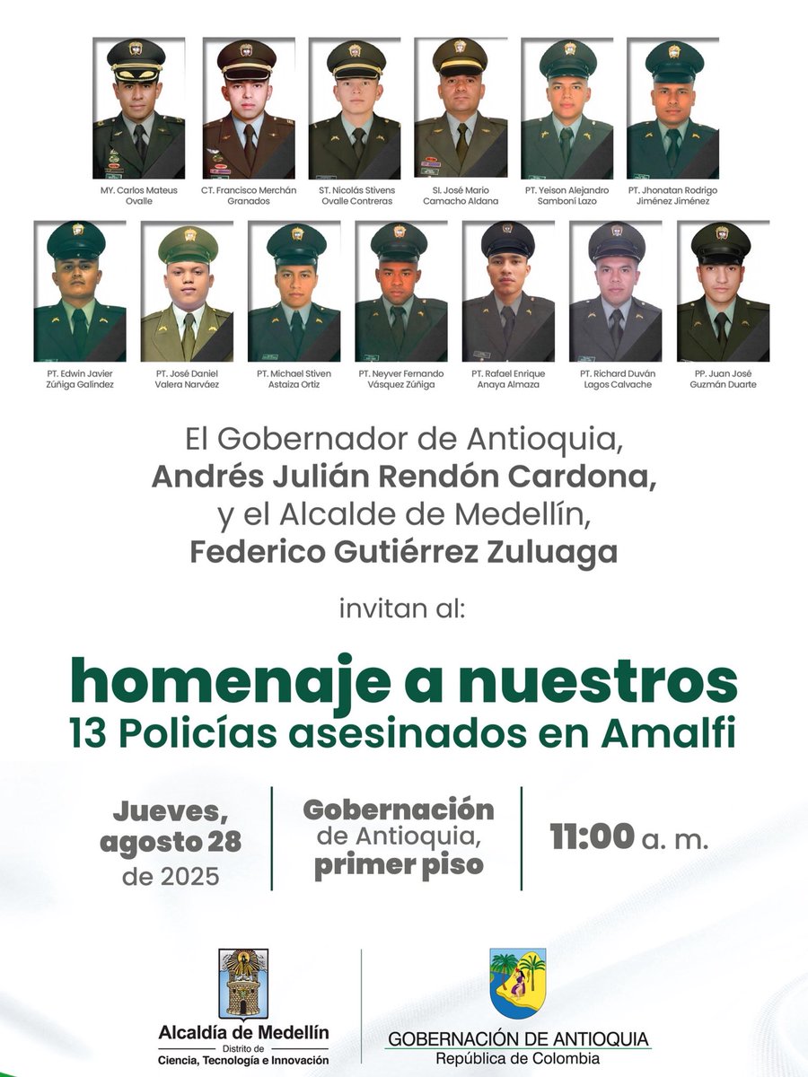 Andrés Julián (@andresjrendonc) on Twitter photo Queridos paisanos, encontrémonos mañana en la <a href="/GobAntioquia/">Gobernación de Antioquia</a>
En la tierra y el cielo deben sentirse el cariño y gratitud que les tenemos a los 13 uniformados asesinados en Amalfi y a sus familias. Queridos paisanos, encontrémonos mañana en la <a href="/GobAntioquia/">Gobernación de Antioquia</a>
En la tierra y el cielo deben sentirse el cariño y gratitud que les tenemos a los 13 uniformados asesinados en Amalfi y a sus familias.
