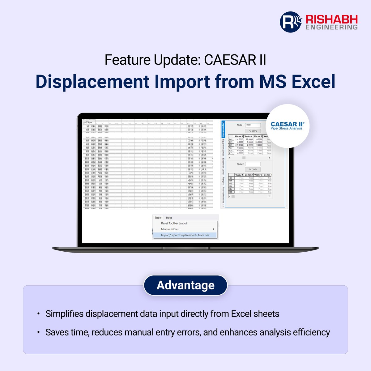 RishabhEng's tweet image. Boost efficiency with CAESAR II’s Displacement Import from MS Excel—seamless data transfer, fewer errors, and faster stress analysis for your projects.

#CAESARII #EngineeringTools #Efficiency