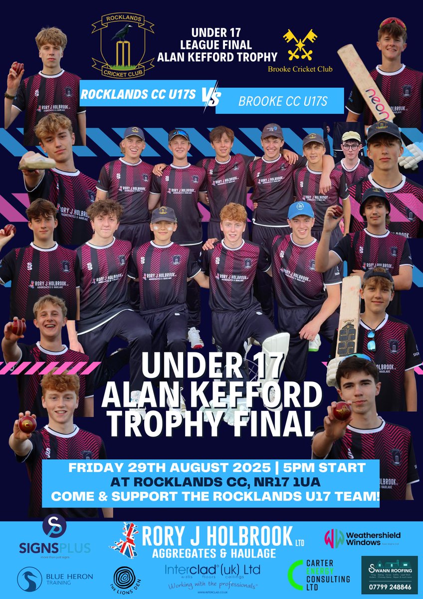 🚨U17 FINAL – AT HOME THIS FRIDAY! 🏏

📅 Friday 29th August 2025
🆚 Brooke CC U17s
🏟 Rocklands CC (Home!)
⏰ 5pm start – players arrive by 4.30pm
👕 Coloured kit for RCC

Come support the team: facebook.com/share/p/14Fjeo…