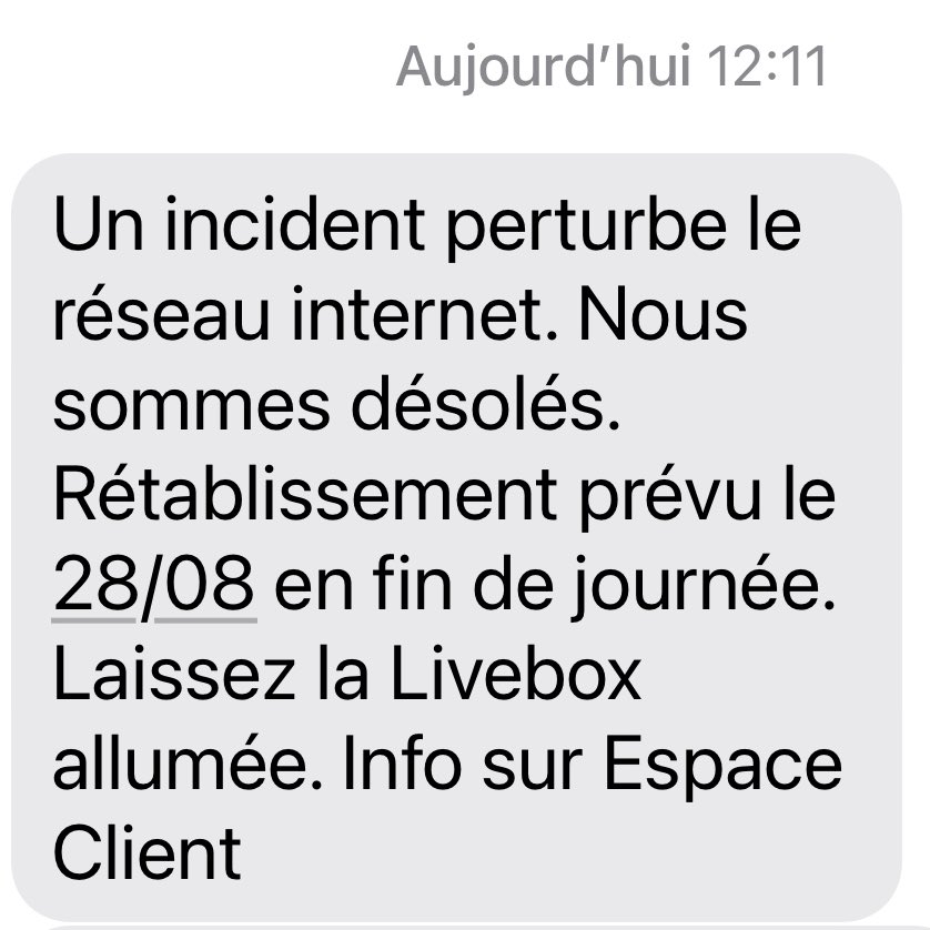 Et voilà ! La traditionnelle panne <a href="/Orange_France/">Orange France</a> fin août est de retour. #longjumeau #Orange #panne