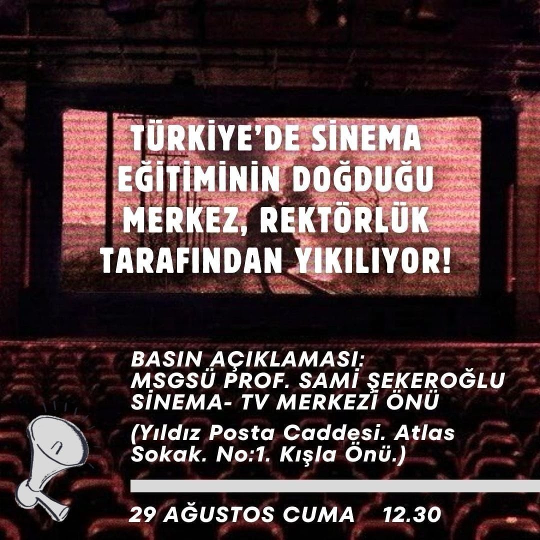 ezop2011's tweet photo. MSGSÜ Prof. Sami Şekeroğlu Sinema-TV Merkezi, hukuki süreç devam etmesine rağmen rektörlük tarafından hurda karşılığı yıkım ihalesi açılarak yıkılmaya başlanmıştır. Türkiye’de sinema eğitiminin doğduğu, arşiv ve dijital restorasyon çalışmalarının evi olan bu merkez, yalnızca bir bina değil; sinema tarihimizin ortak mirasıdır.
Öğrenciler ve akademisyenler tüm sinema sanatçılarını, sektör paydaşlarını ve ilgili kurumları bu yıkıma karşı durmak için 29 Ağustos Cuma saat 12:30'da düzenledikleri basın açıklamasına destek vermeye çağırıyorlar.
