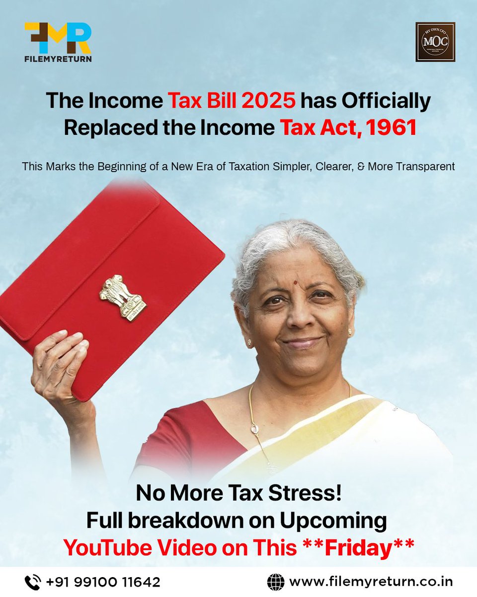 Filemyreturn2's tweet image. 🚨 Income Tax Bill 2025 replaces 1961 Act 📝 A new era of simpler &amp;amp; transparent taxation begins! 🙌
#IncomeTax2025 #TaxBill2025 #MyOwnCFO #FileMyReturn