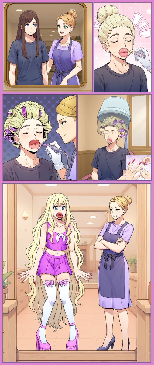 The Bimbo Salon Trap
These images tell the story of a guy who was feminized by his jealous girlfriend after she thought he was cheating on her.
She tattooed permanent makeup on his face, glued fake nails with industrial glue, made his lips absurdly big with hyaluronic acid,