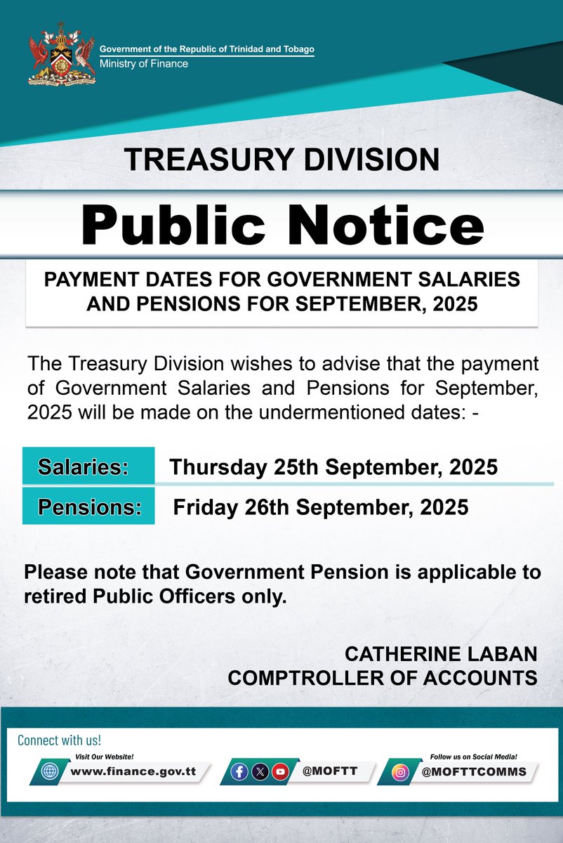 PUBLIC NOTICE
Payment dates for Government Salaries and Pensions for September, 2025

#MoFTT