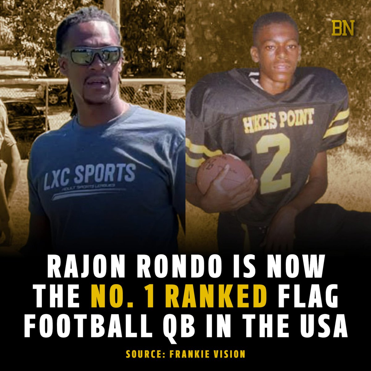 Former 4-time NBA All-Star &amp; 2-time NBA champion Rajon Rondo is now officially the No. 1 ranked flag football quarterback in the USA. 

Rondo played QB at Eastern High School in Kentucky.

Serving dimes across the hardwood and the turf. 💯