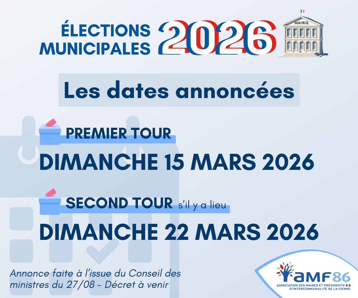 #municipales2026
À l'issue du Conseil des ministres de ce jour, il a été annoncé que les élections municipales de 2026 se tiendront:
- le 15 mars pour le premier tour
- le 22 mars pour le second tour s'il y a lieu