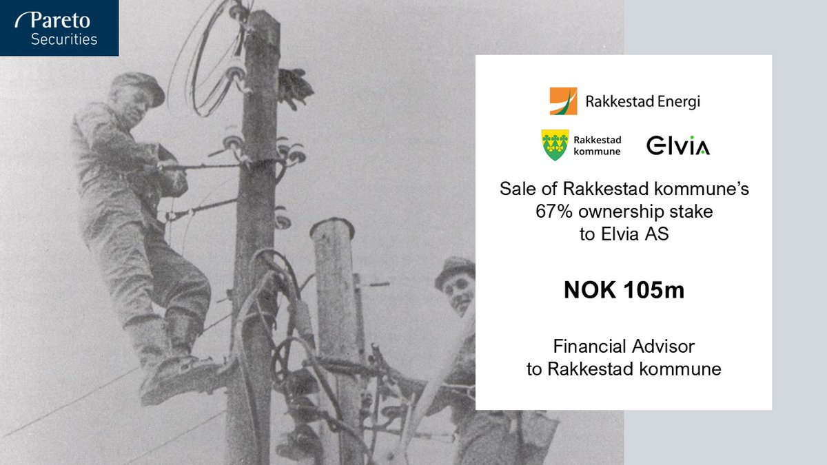 Pareto Securities acted as Financial Advisor to Rakkestad kommune in the sale of its 67% ownership stake in Rakkestad Energi AS to Elvia AS: paretosec.com/what-we-do/cre…