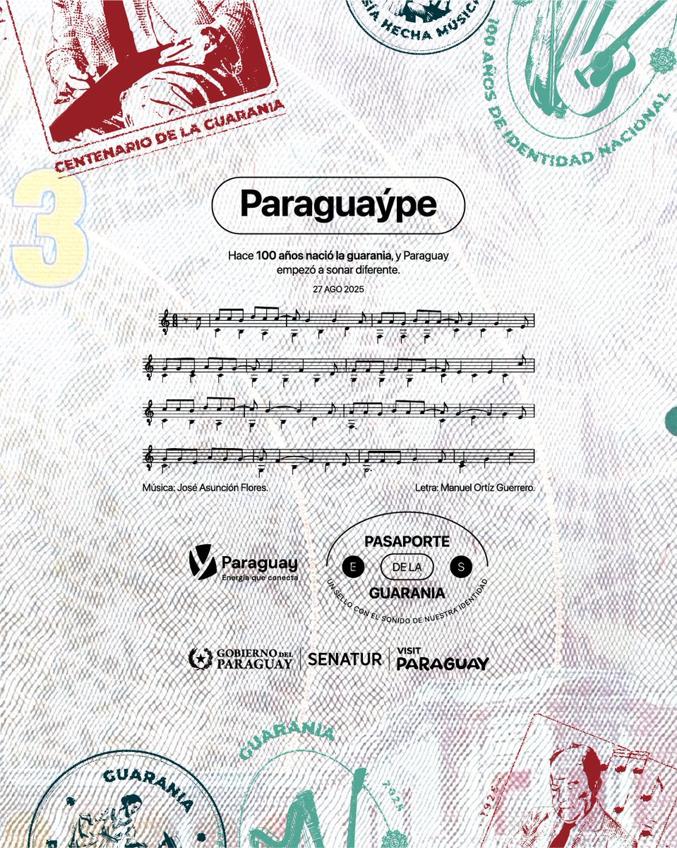 Senatur_Py's tweet photo. ✨🎶 Paraguay recibe al mundo con su música 🎶✨

En el año del centenario de la guarania, presentamos Pasaporte de la Guarania, una acción cultural única que transforma el sello migratorio en la partitura de “Paraguaype”, obra emblemática de José Asunción Flores. 🇵🇾

Por primera vez, cada pasaporte sellado en nuestro país se convierte en una invitación a descubrir y escuchar la melodía que mejor nos representa. 💙

📌 Escuchá la playlist oficial en Spotify 👉
https://t.co/ieoG4qlB96

#PasaporteDeLaGuarania #SENATUR #Guarania100Años #ParaguayTeEspera