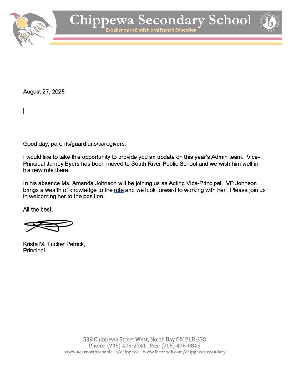 Letter sent to parents regarding administration change at Chippewa Secondary School.