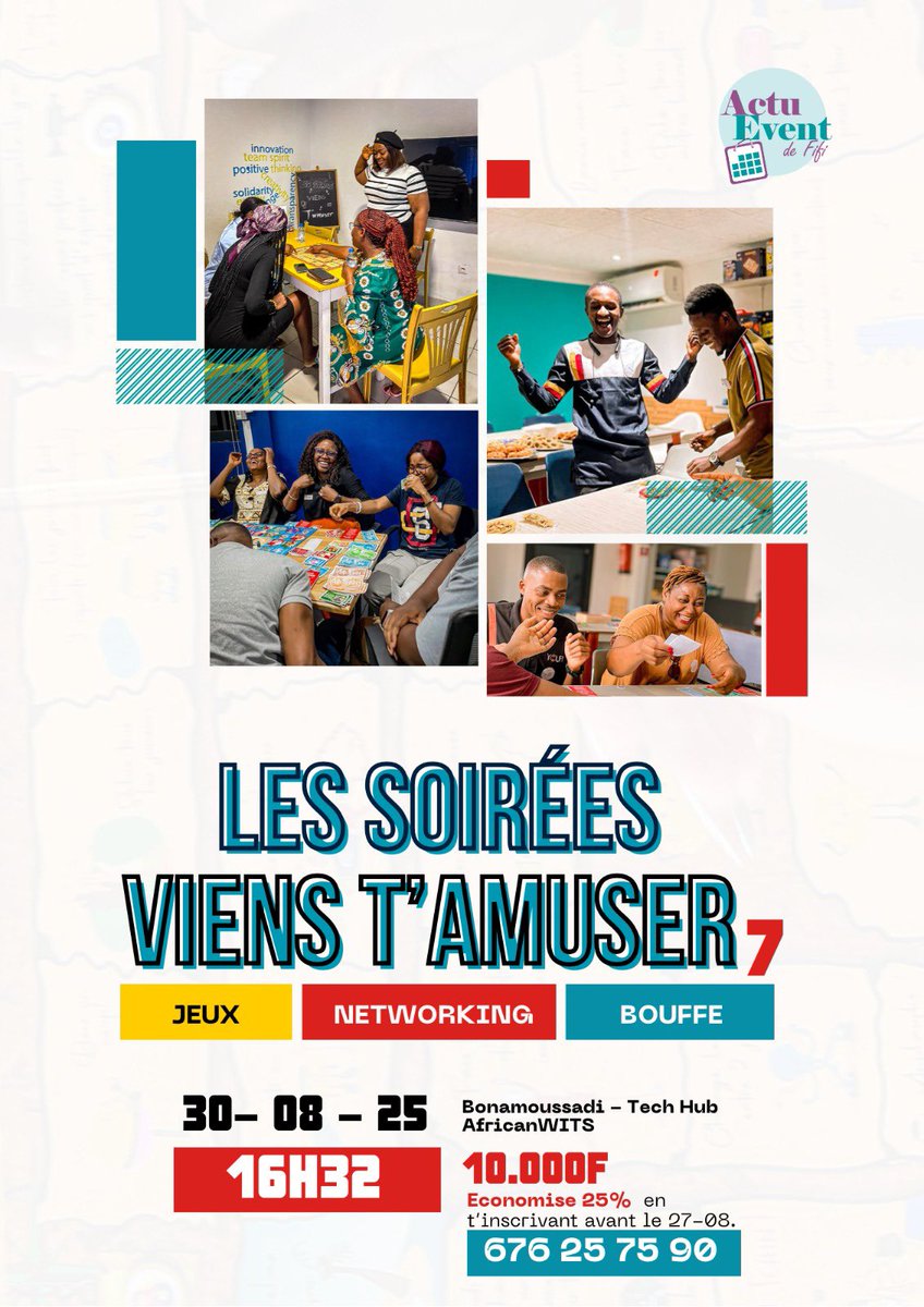 ✅ S’amuser - se découvrir - se connecter à des professionnels de divers secteurs. 

4h loin du stress avec des jeux qui stimuleront : créativité, réactivité, esprit stratégique et d’équipe…

Plus que deux places restantes. 
Je réponds ici wa.me/237676257590