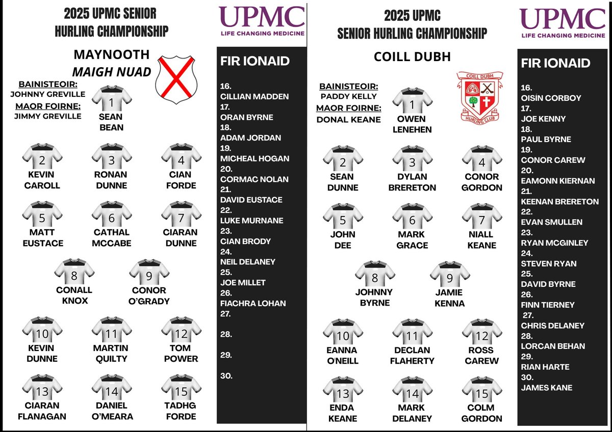 The Coill Dubh and Maynooth teams for this evening's UPMC Senior Hurling Championship game, in Cedral St. Conleth's Park at 7.30pm

Referee: Conor Daly.

<a href="/UPMCinIreland/">UPMC Ireland</a>  <a href="/CoillDubhGAA/">Coill Dubh GAA</a>  <a href="/maynoothgaa/">Maynooth GAA</a>  <a href="/CedralIreland/">Cedral Ireland by Etex</a>