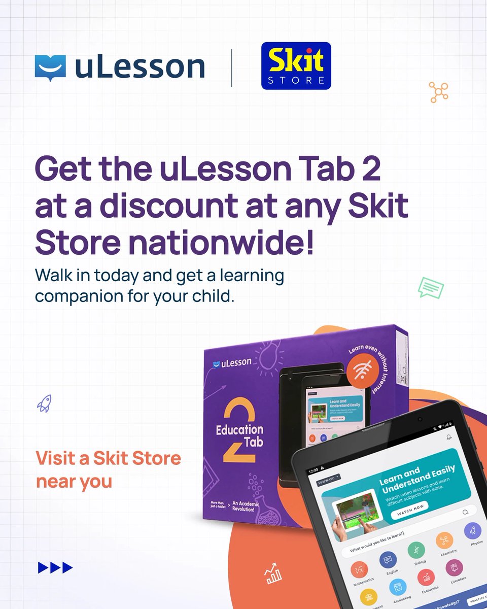 ulessonapp's tweet image. Big news!🚨
You can now get the uLesson Tab 2 at a special discount at Skit Store (@Skitng) locations nationwide.🎉
📍Walk into any of these locations and get yours today:
Ikeja Store - Adebola Shopping Mall, Isaac John Street, Lagos.
Lekki Store - 37B Fola Osibo Street, Lekki…